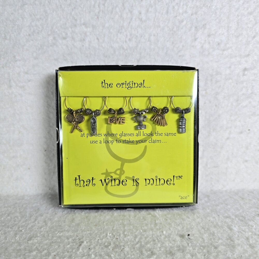 That Wine Is Mine Glass Markers Set Vino Color Charms Tags NEW Wine Tennis Ace